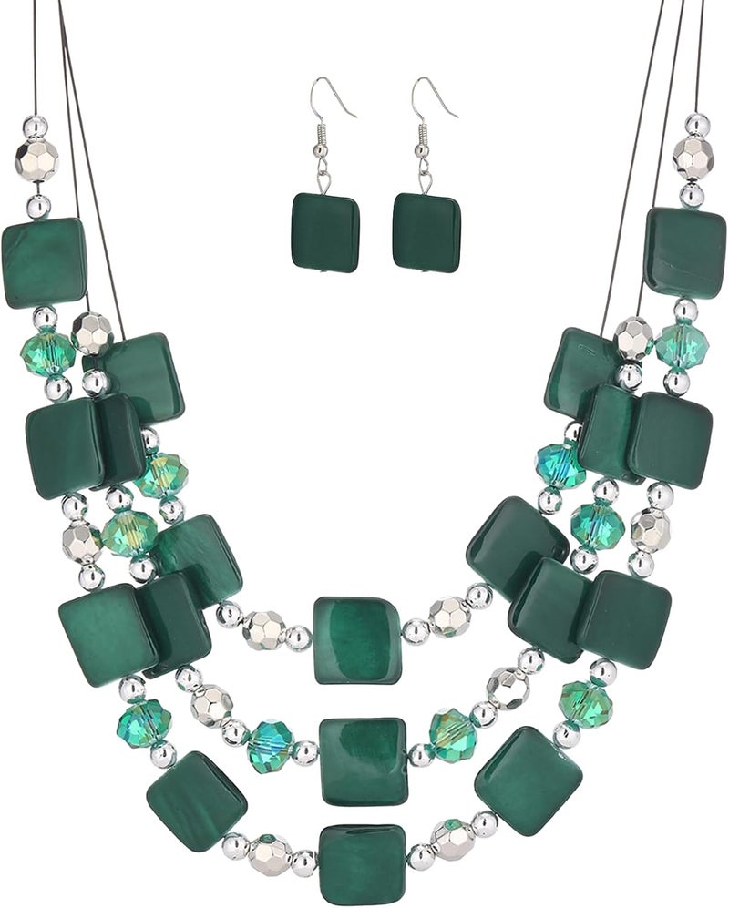 Errally Store Layered Beaded Statement Necklaces for Women Square Shell Bead Collar Necklace and Earring Set Birthday Gifts Boho Jewelry Sets for Women - Image 1